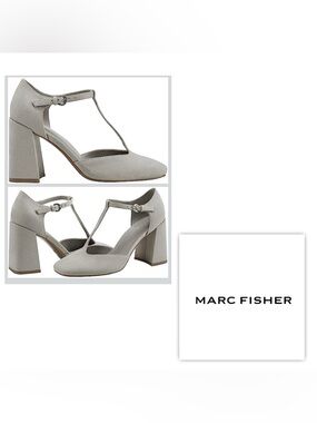 NEW $100 Marc Fisher Women 9 CYRENE Light Gray T-Strap Block Heel Pumps Shoes